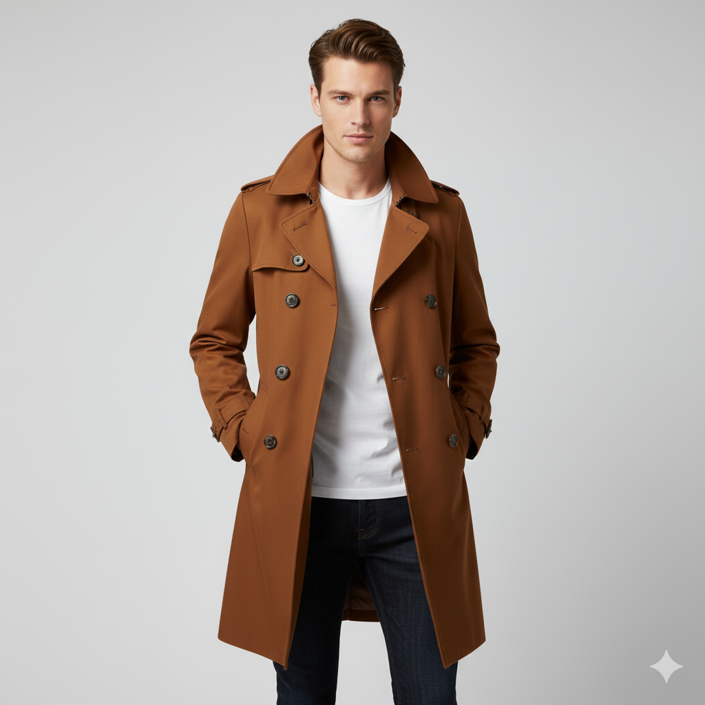 Men's Classic Brown Trench Coat - British Double-Breasted Long Overcoat, Premium Windproof & Water-Resistant Belted Raincoat